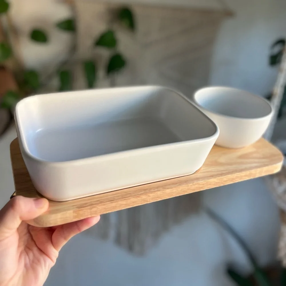 Aldi Crofton Chip and Dip Serving Set - 3-Piece Stoneware and Wood - 12x7”